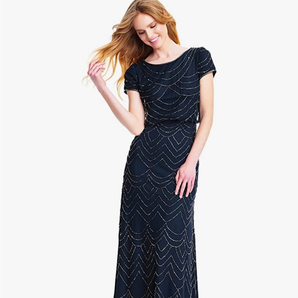 Adrianna Papell Navy Gold Beaded Gown - Picture 2 of 10